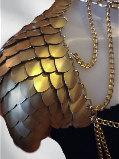 Metal Gold Shoulder Armor, Fantasy Scalemail Dragon Scale Womens Armor, Royal Fae Gala Fairytale Costume, Viking, Fairy Cosplay, Bookish
