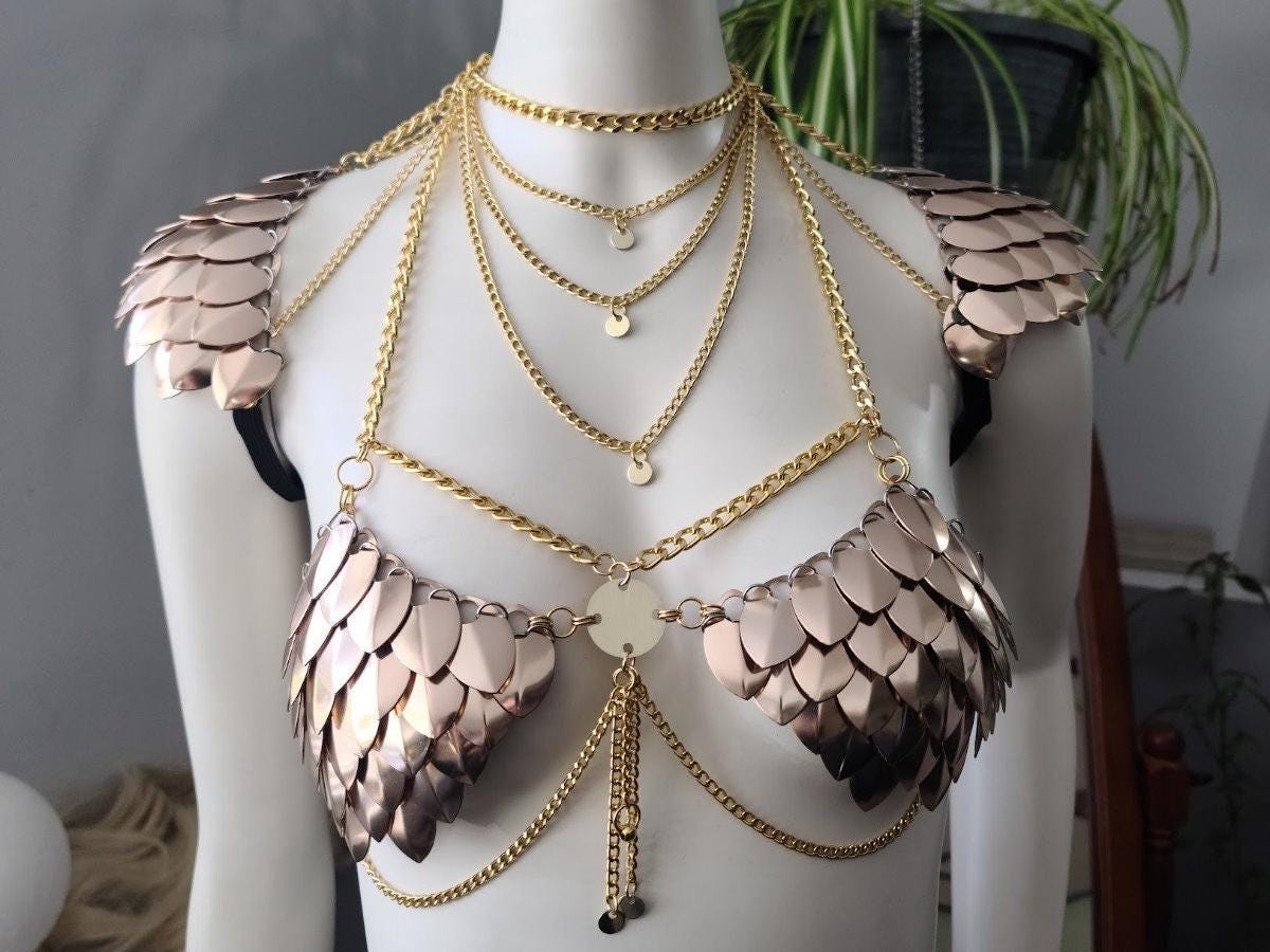 Metal Rose Gold Breastplate Corset Armor, Fantasy Scalemail Dragon Womens Armor, Royal Fae Gala Fairytale Costume, Viking, Fairy Cosplay