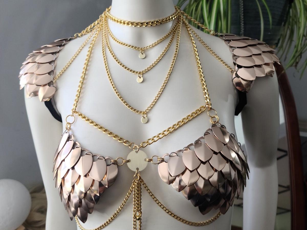 Metal Rose Gold Breastplate Corset Armor, Fantasy Scalemail Dragon Womens Armor, Royal Fae Gala Fairytale Costume, Viking, Fairy Cosplay