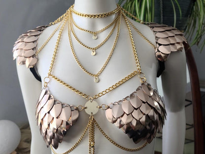 Metal Rose Gold Breastplate Corset Armor, Fantasy Scalemail Dragon Womens Armor, Royal Fae Gala Fairytale Costume, Viking, Fairy Cosplay