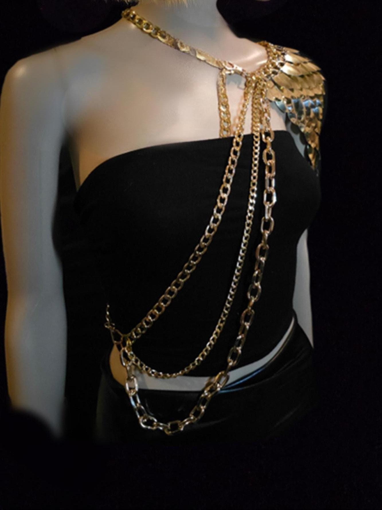 Metal Gold Shoulder Armor, Fantasy Scalemail Dragon Scale Womens Armor, Royal Fae Gala Fairytale Costume, Viking, Fairy Cosplay, Bookish