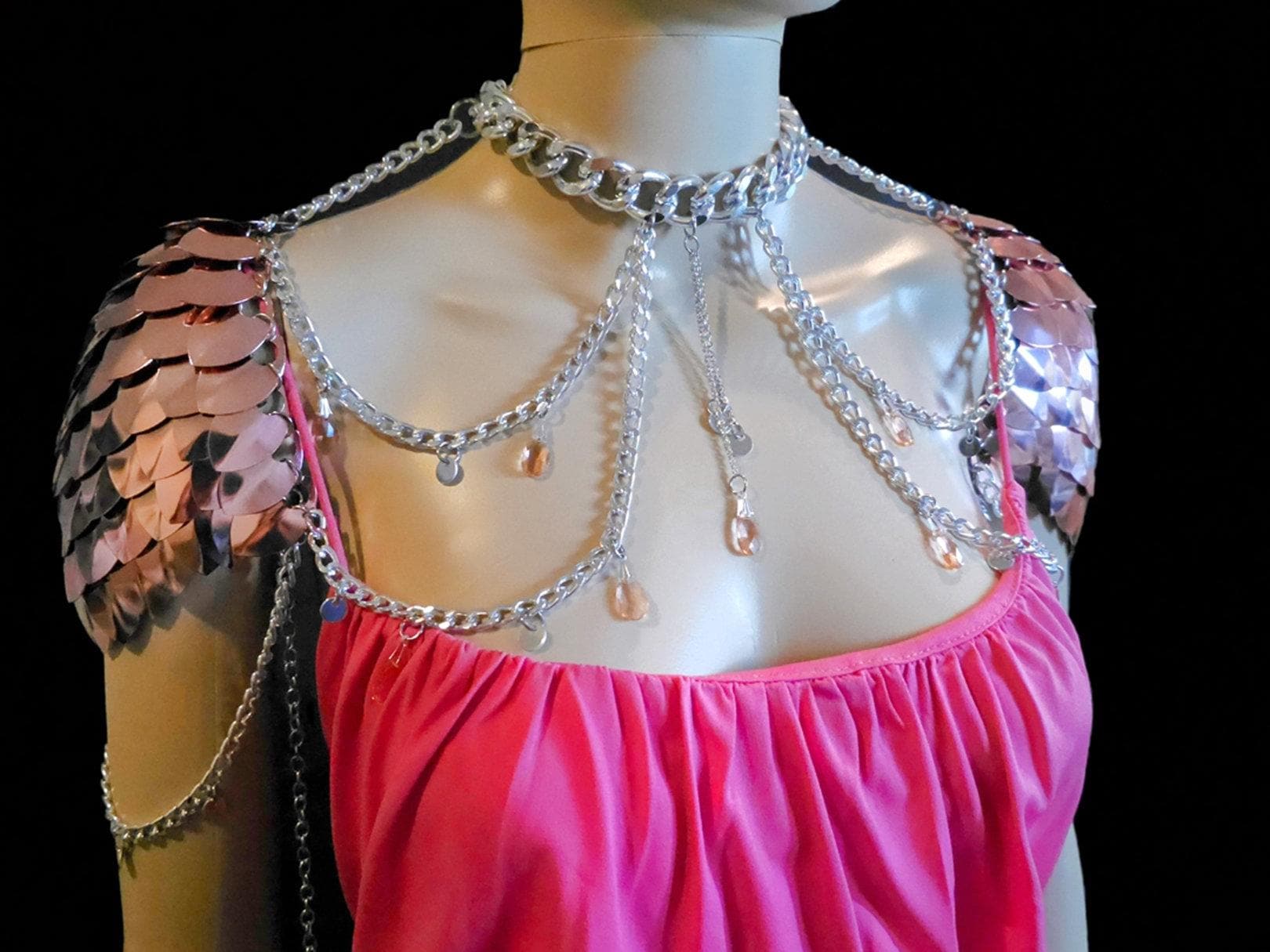 Metal Pink Shoulder Armor, Fantasy Scalemail Dragon Scale Womens Armor, Royal Fae Gala Fairytale Costume, Viking, Fairy Cosplay, Bookish