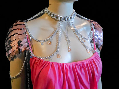 Metal Pink Shoulder Armor, Fantasy Scalemail Dragon Scale Womens Armor, Royal Fae Gala Fairytale Costume, Viking, Fairy Cosplay, Bookish