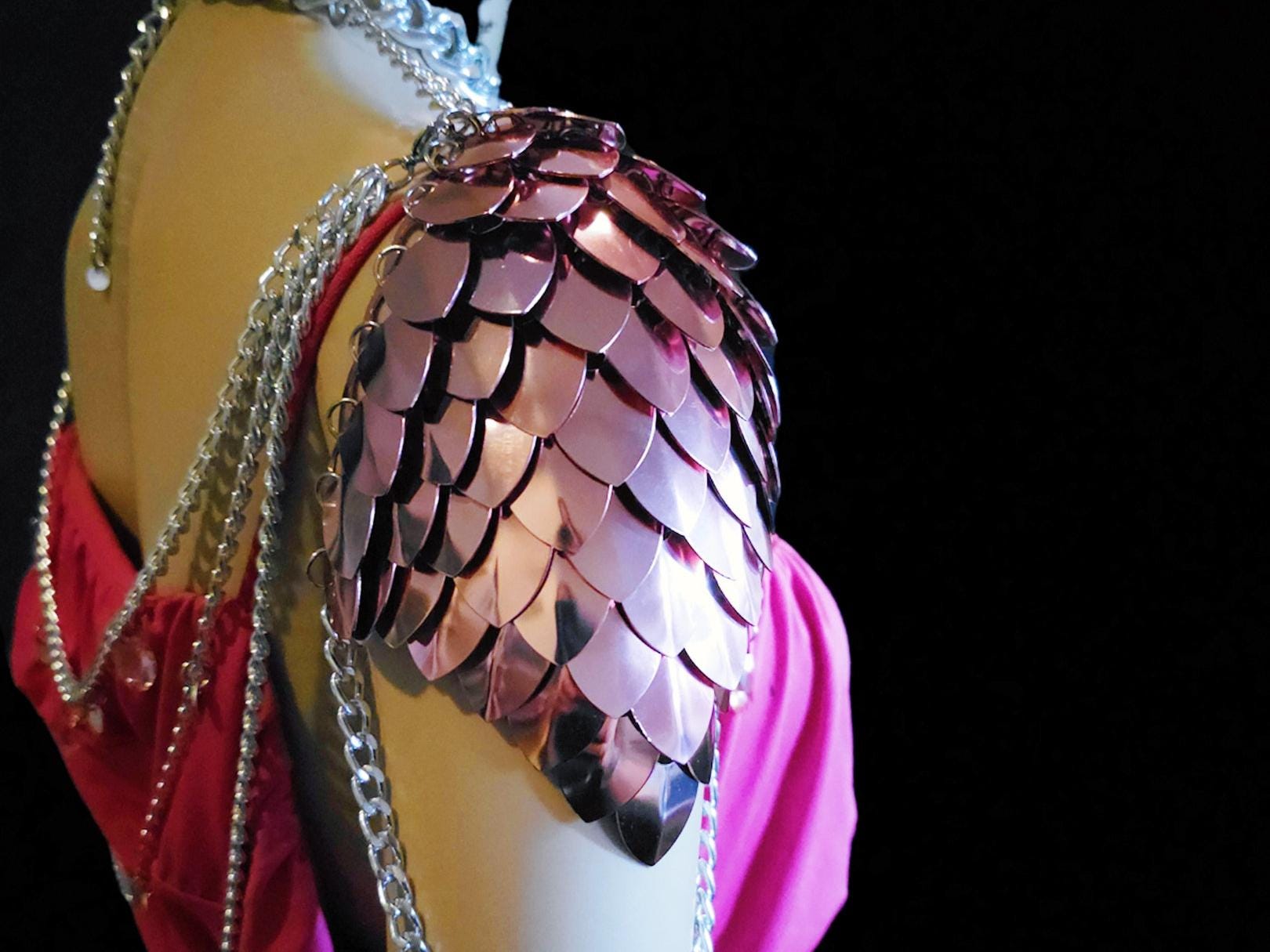 Metal Pink Shoulder Armor, Fantasy Scalemail Dragon Scale Womens Armor, Royal Fae Gala Fairytale Costume, Viking, Fairy Cosplay, Bookish