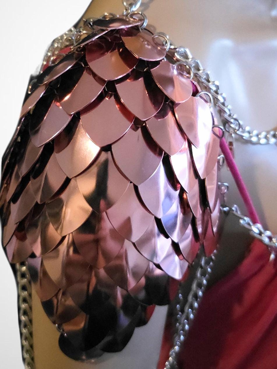 Metal Pink Shoulder Armor, Fantasy Scalemail Dragon Scale Womens Armor, Royal Fae Gala Fairytale Costume, Viking, Fairy Cosplay, Bookish