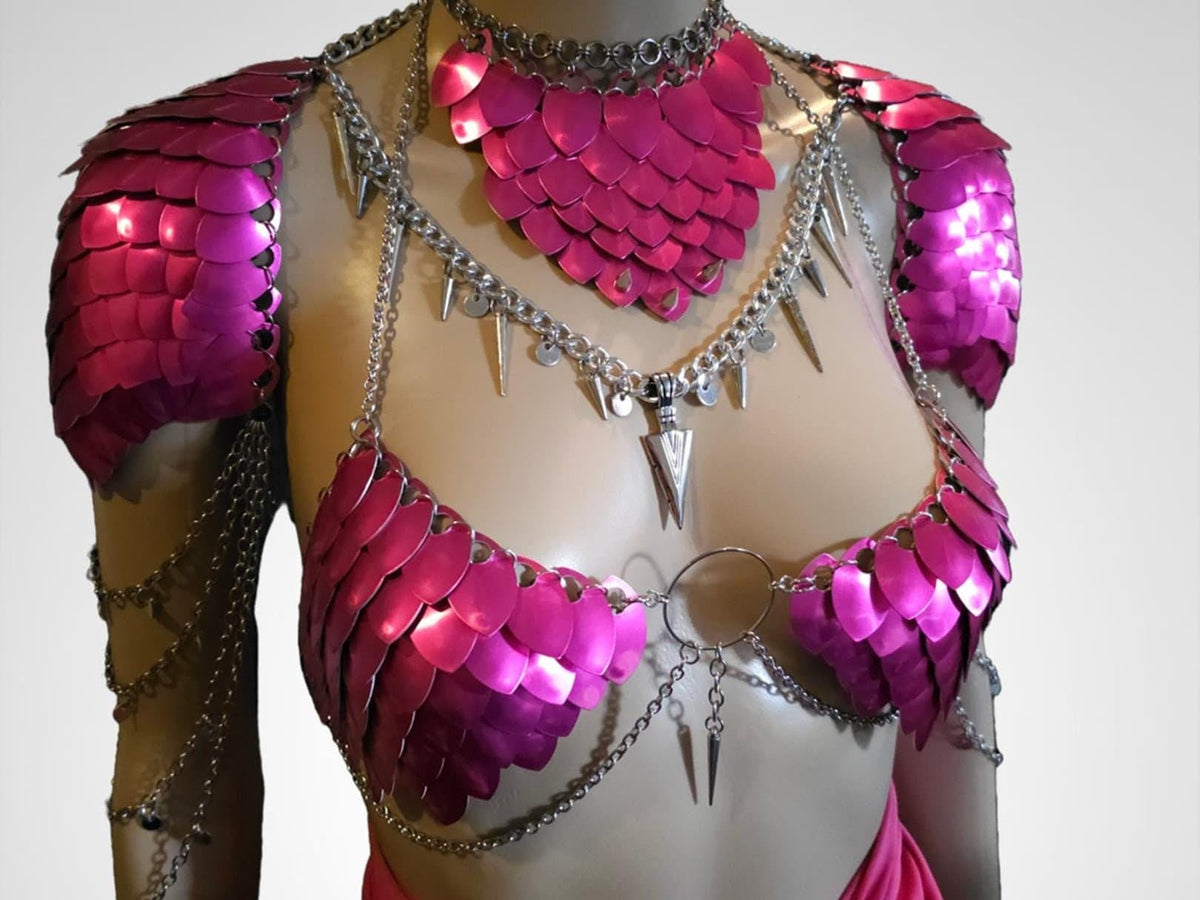Metal Pink Shoulder Armor, Fantasy Scalemail Dragon Scale Womens Armor, Royal Fae Gala Fairytale Costume, Viking, Fairy Cosplay, Bookish