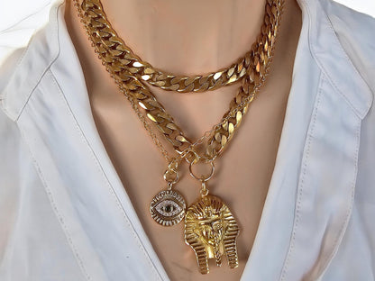 Gold Layered Multi Strand Chunky Chain Statement Choker Pharoah Necklace Set - Handmade Edgy  aesthetic stacked jewelry gift for her