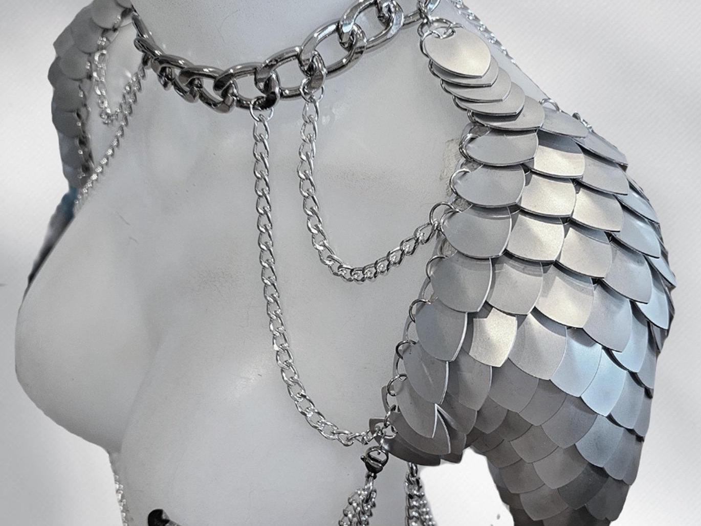 Metal Silver Shoulder Armor, Fantasy Scalemail Dragon Scale Womens Armor, Royal Fae Gala Fairytale Costume, Viking, Fairy Cosplay, Bookish