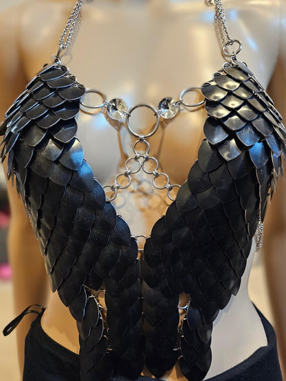 Metal Black Breastplate Corset Armor, Fantasy Scalemail Dragon Scale Womens Armor, Royal Fae Gala Fairytale Costume, Viking, Fairy Cosplay