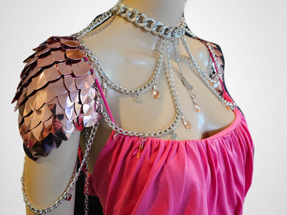Metal Pink Shoulder Armor, Fantasy Scalemail Dragon Scale Womens Armor, Royal Fae Gala Fairytale Costume, Viking, Fairy Cosplay, Bookish