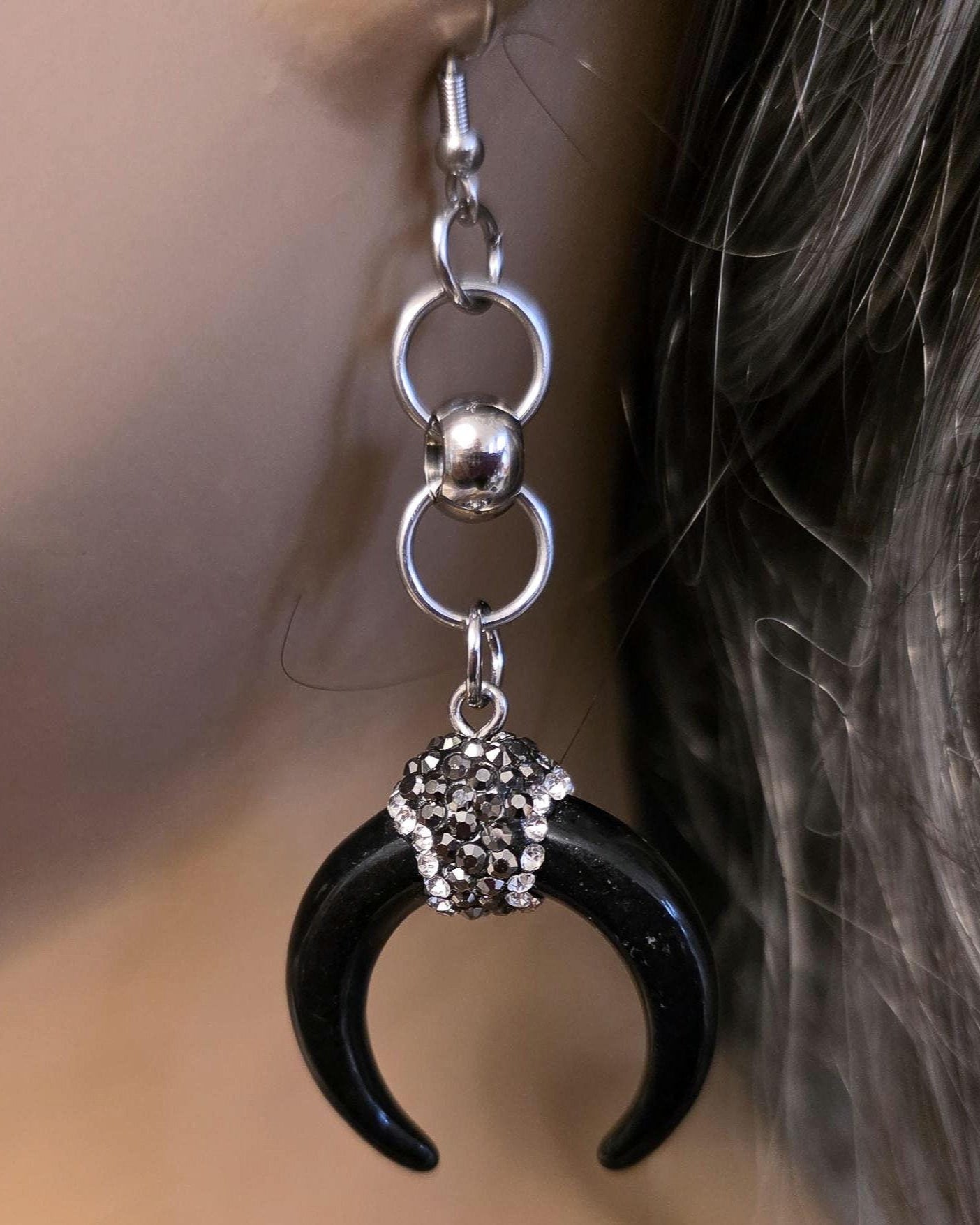 Double Horn Moon Witchy Funky Dangle Earrings on Steel ear Wires, sparkly acrylic gems, grunge punk earrings, goth jewelry