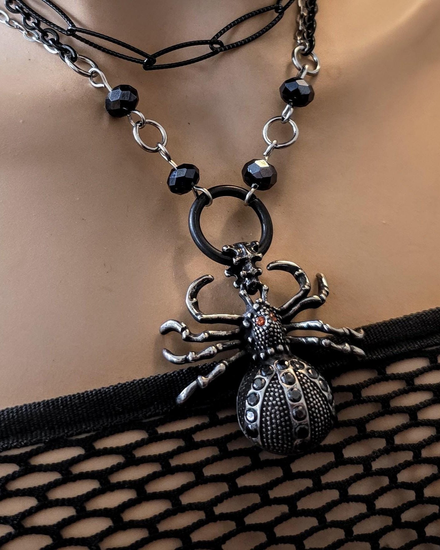 Goth Punk Spider Pendant Multi Strand Layered Choker Necklace | Gothic Glam Aesthetic statement, layered necklaces handmade jewelry gift for
