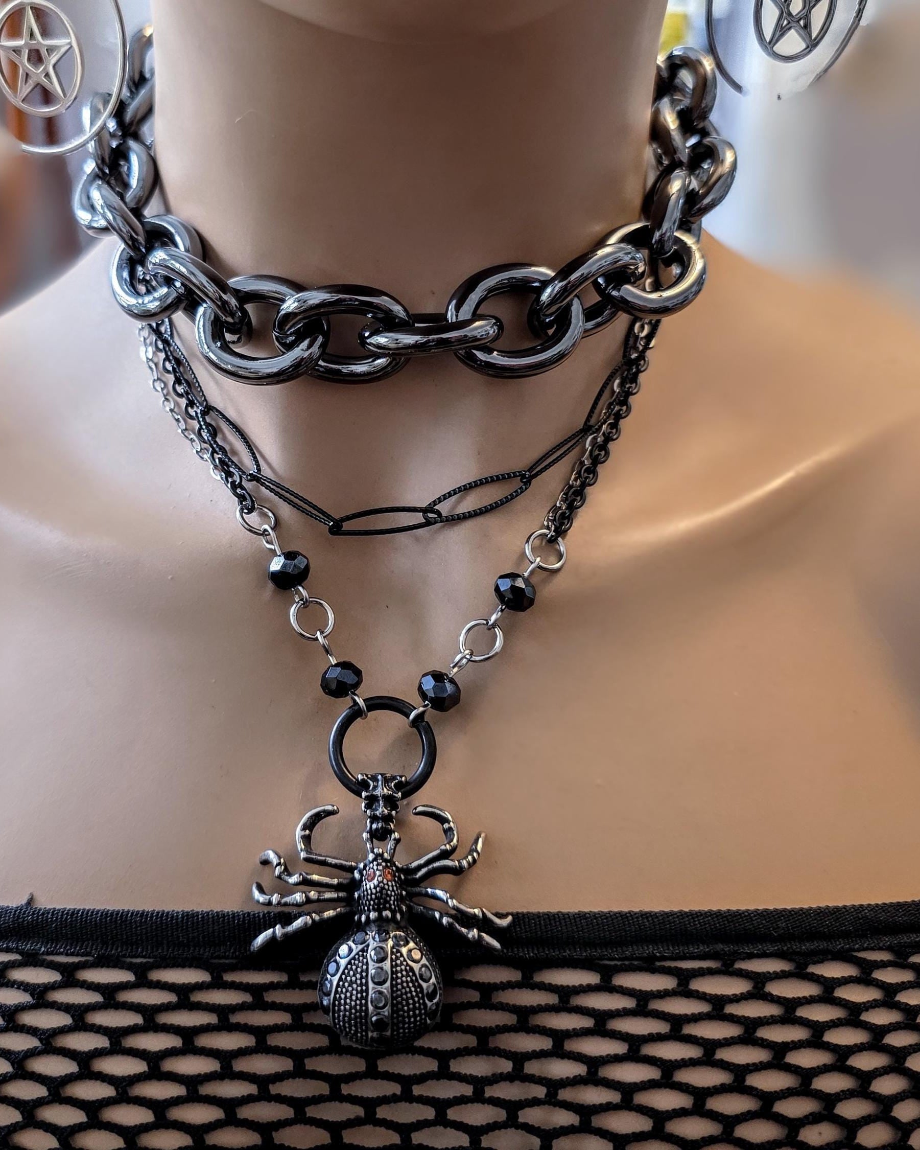 Goth Punk Spider Pendant Multi Strand Layered Choker Necklace | Gothic Glam Aesthetic statement, layered necklaces handmade jewelry gift for