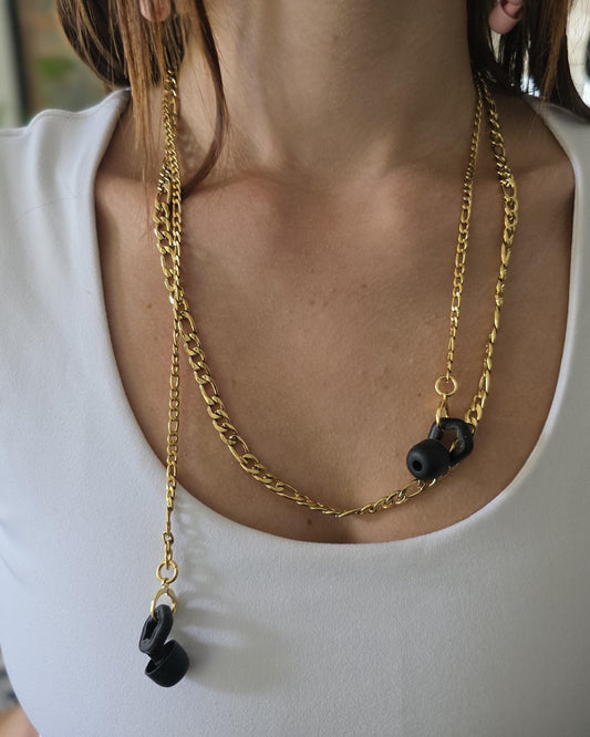 Loops Earplugs Keeper Necklace, Gold Layered Multi Strand Mens & Womens ADHD Autism Sensory Jewelry, Anti-Loss Earbud Necklace