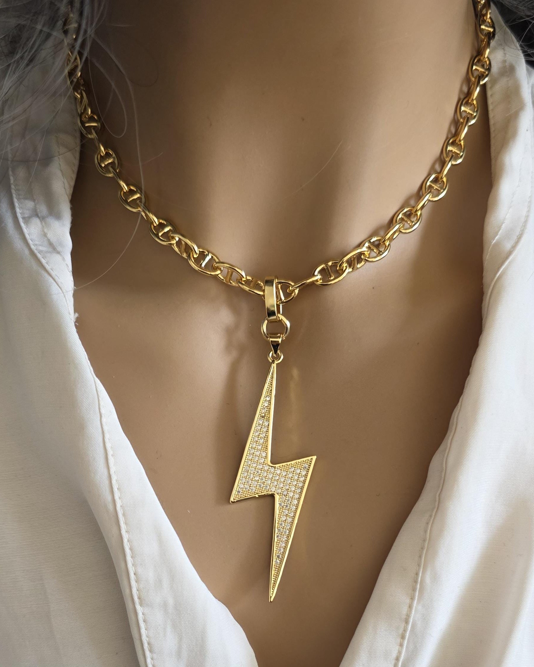 Lightening Bolt Pendant Gold Plated Cubic Zirconia Necklace Choker - Handmade jewelry gift for her, best friend, luxury maximalist jewelry