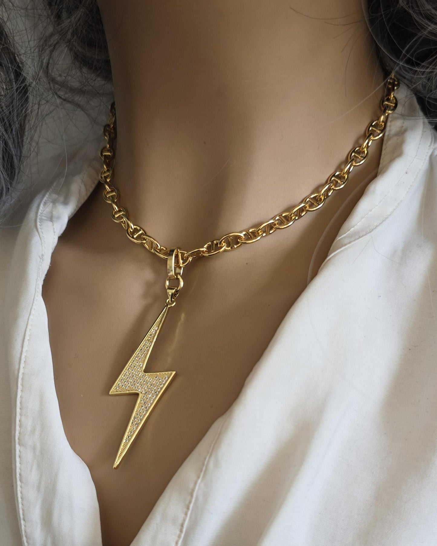 Lightening Bolt Pendant Gold Plated Cubic Zirconia Necklace Choker - Handmade jewelry gift for her, best friend, luxury maximalist jewelry