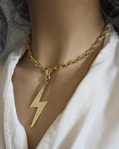 Lightening Bolt Pendant Gold Plated Cubic Zirconia Necklace Choker - Handmade jewelry gift for her, best friend, luxury maximalist jewelry