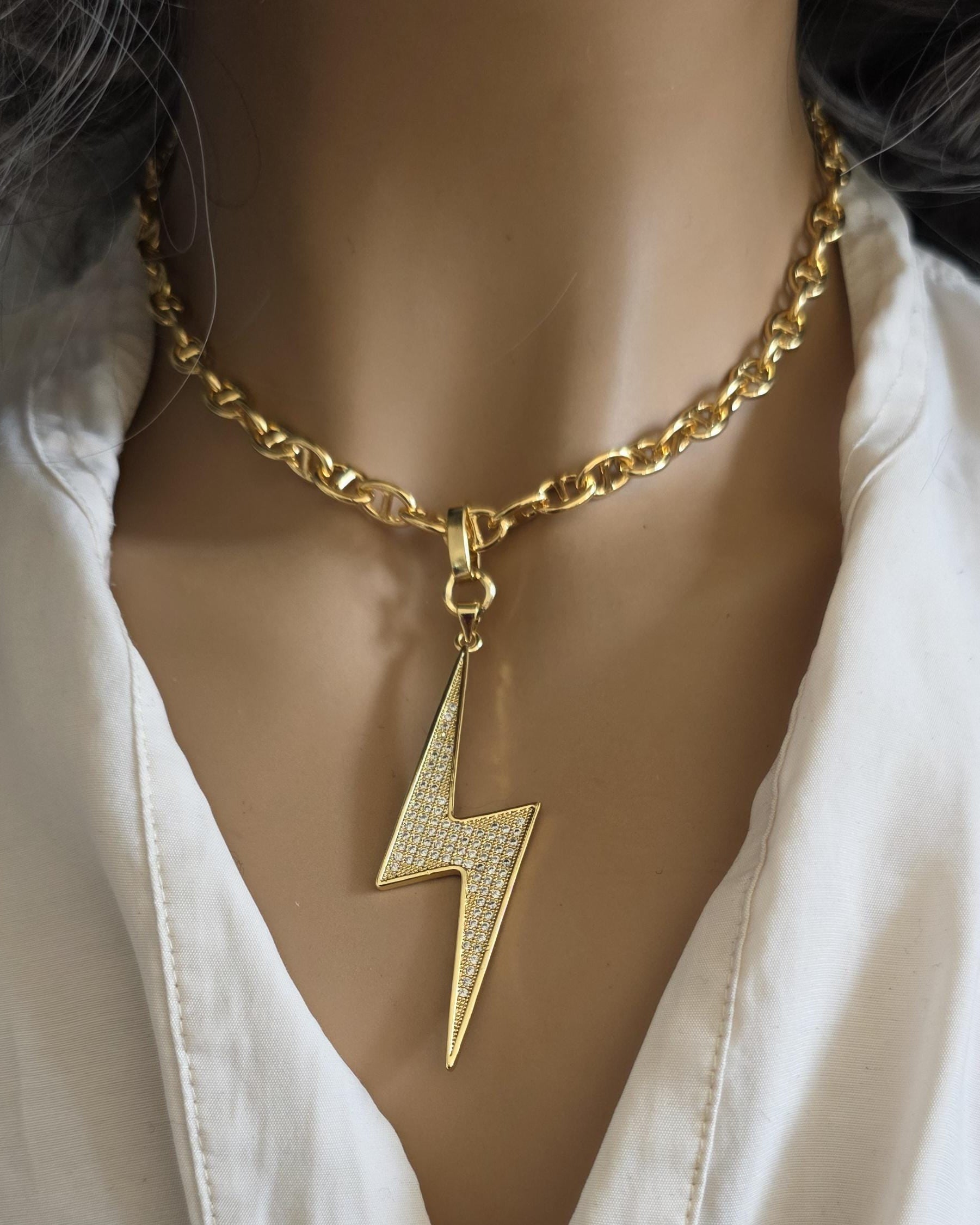 Lightening Bolt Pendant Gold Plated Cubic Zirconia Necklace Choker - Handmade jewelry gift for her, best friend, luxury maximalist jewelry