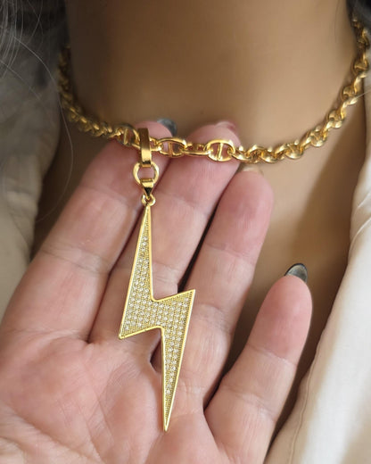 Lightening Bolt Pendant Gold Plated Cubic Zirconia Necklace Choker - Handmade jewelry gift for her, best friend, luxury maximalist jewelry