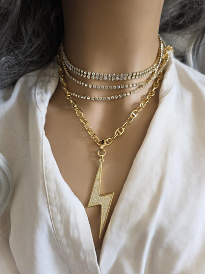 Lightening Bolt Pendant Gold Plated Cubic Zirconia Necklace Choker - Handmade jewelry gift for her, best friend, luxury maximalist jewelry