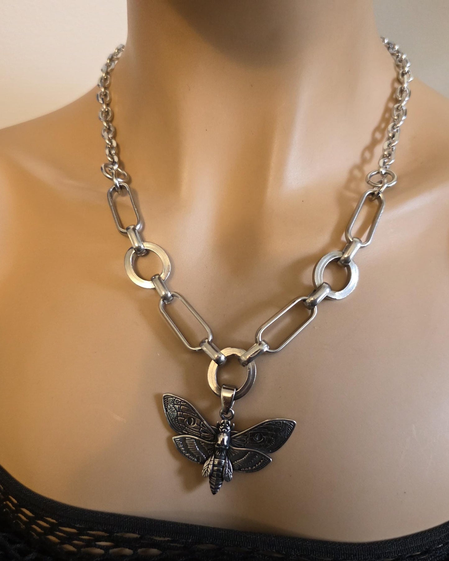 Death Moth Gothic Punk Pendant Multi Strand Choker Goth Necklace Set | Alt Aesthetic edgy chunky statement handmade jewelry gift for her