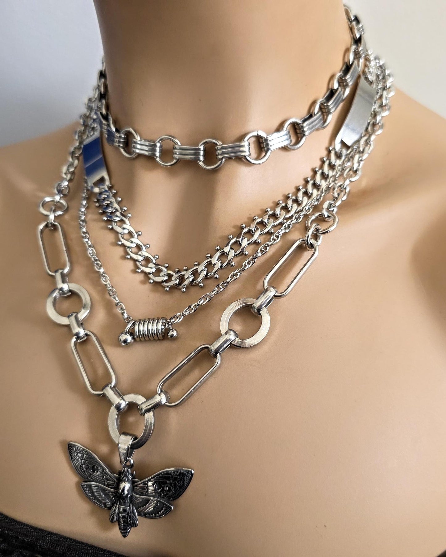 Death Moth Gothic Punk Pendant Multi Strand Choker Goth Necklace Set | Alt Aesthetic edgy chunky statement handmade jewelry gift for her