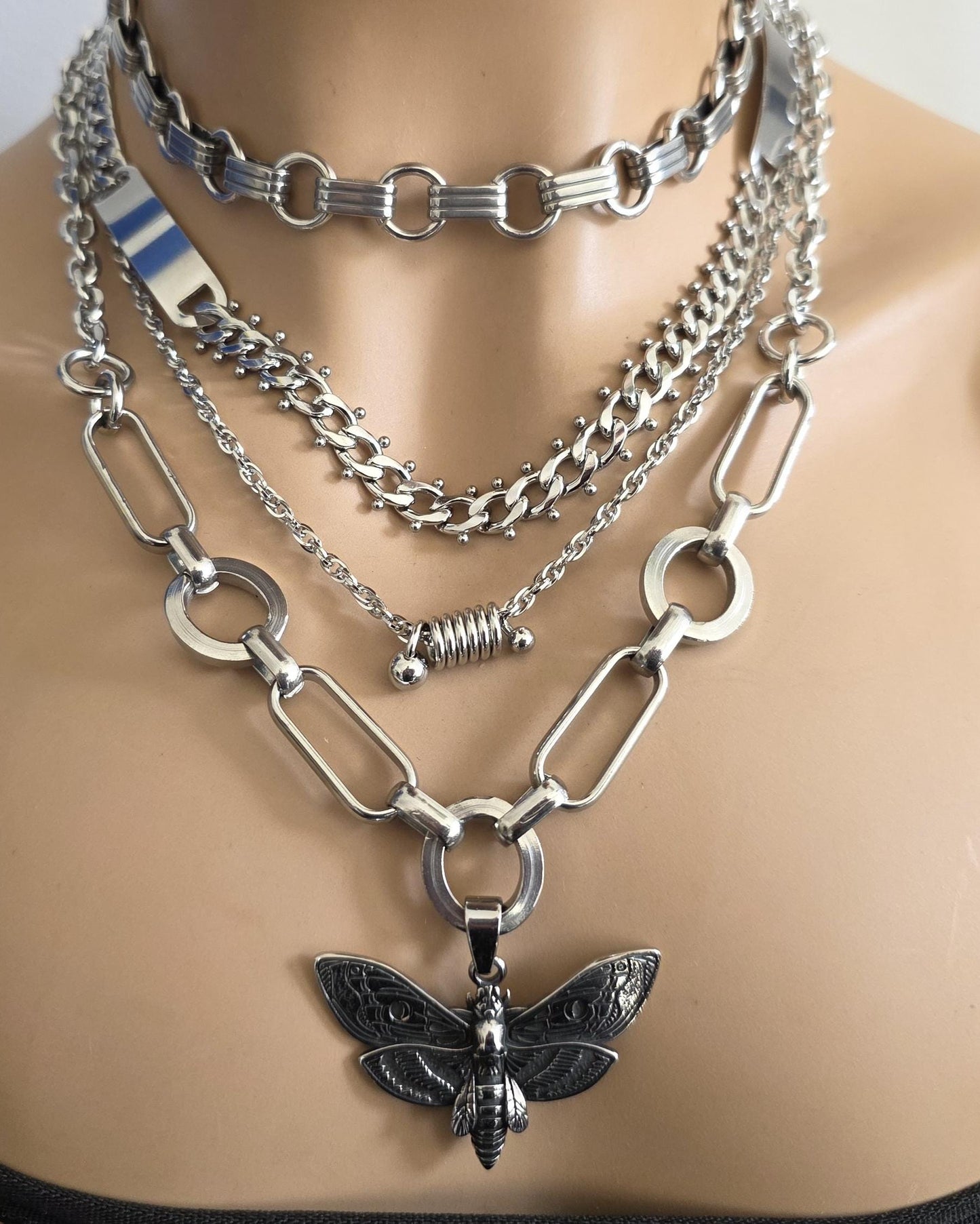 Death Moth Gothic Punk Pendant Multi Strand Choker Goth Necklace Set | Alt Aesthetic edgy chunky statement handmade jewelry gift for her