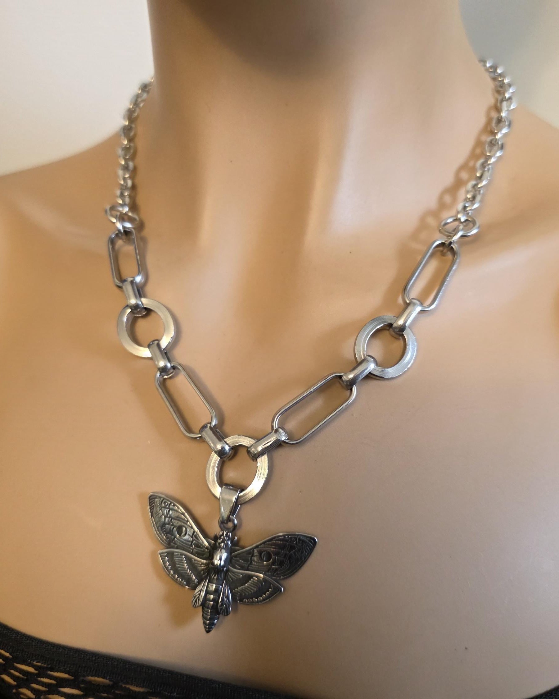 Death Moth Gothic Punk Pendant Multi Strand Choker Goth Necklace Set | Alt Aesthetic edgy chunky statement handmade jewelry gift for her