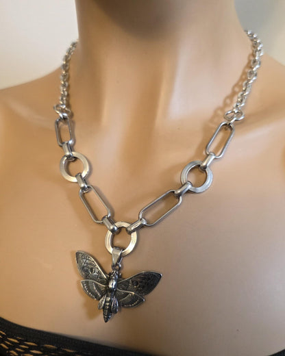 Death Moth Gothic Punk Pendant Multi Strand Choker Goth Necklace Set | Alt Aesthetic edgy chunky statement handmade jewelry gift for her