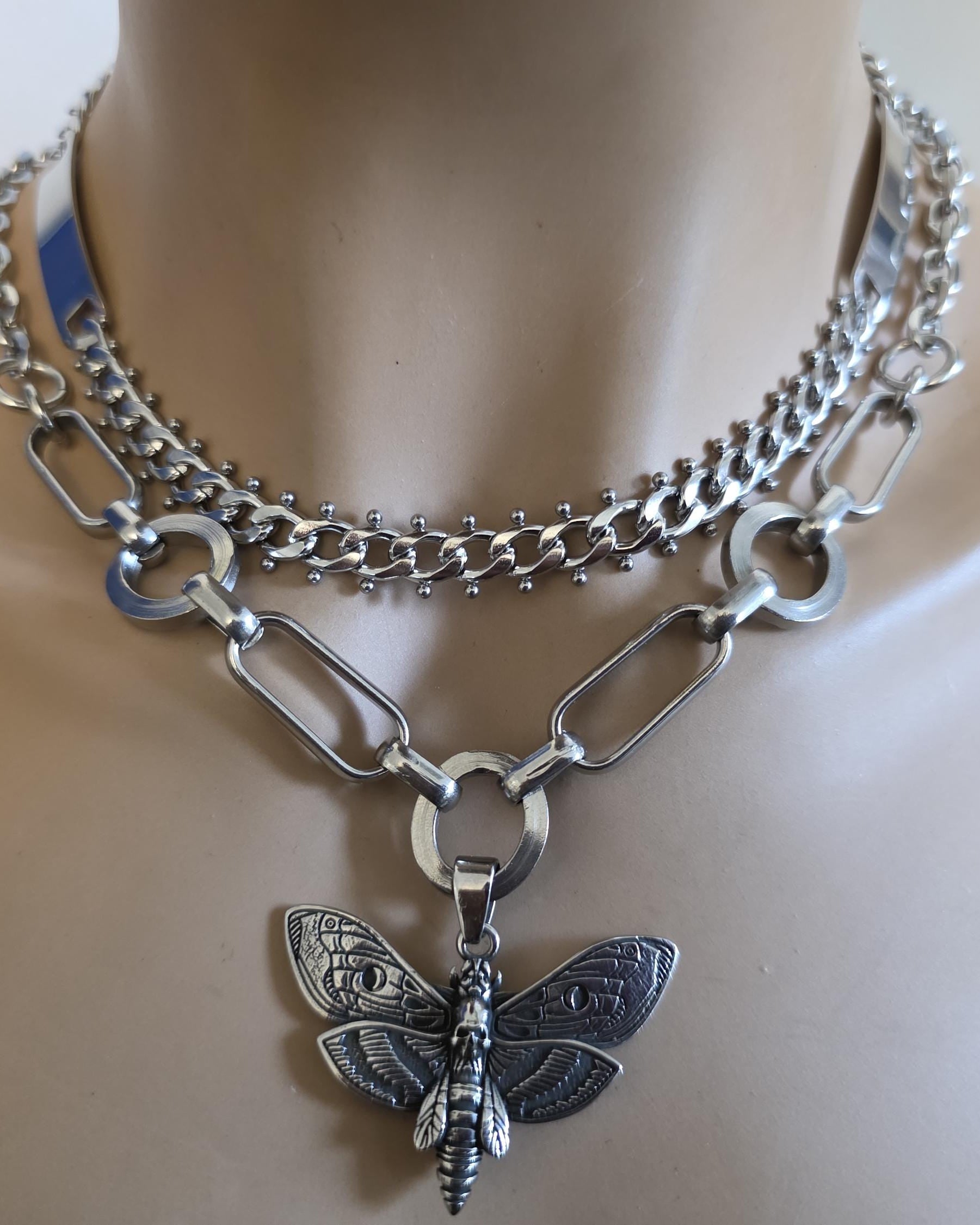 Death Moth Gothic Punk Pendant Multi Strand Choker Goth Necklace Set | Alt Aesthetic edgy chunky statement handmade jewelry gift for her