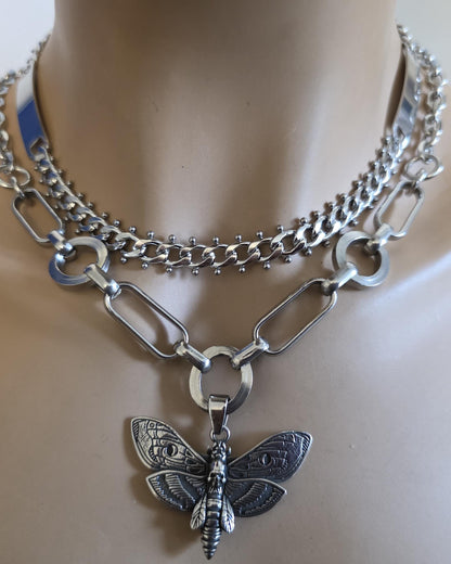 Death Moth Gothic Punk Pendant Multi Strand Choker Goth Necklace Set | Alt Aesthetic edgy chunky statement handmade jewelry gift for her