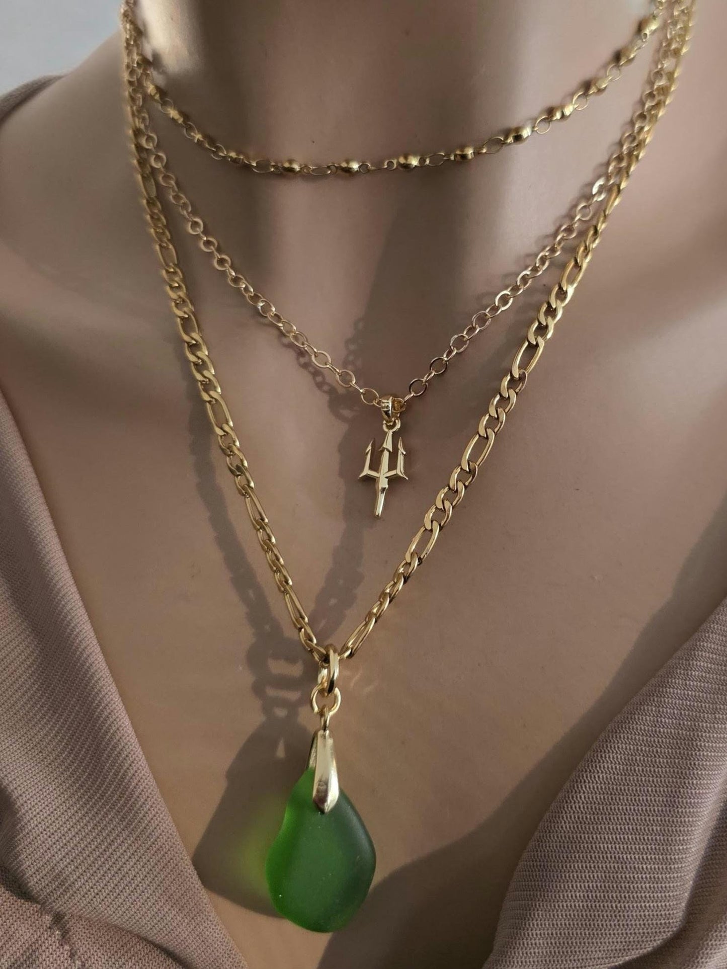 Green Sea Glass and Gold Multi Strand Layered Pendant Necklace Set - Great mom or girlfriend gift, boho ocean lover, beach jewelry