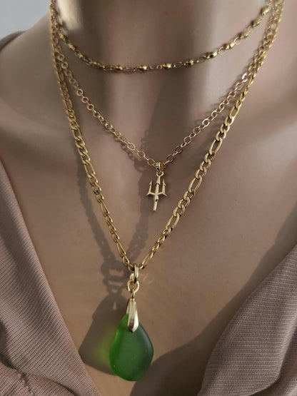 Green Sea Glass and Gold Multi Strand Layered Pendant Necklace Set - Great mom or girlfriend gift, boho ocean lover, beach jewelry