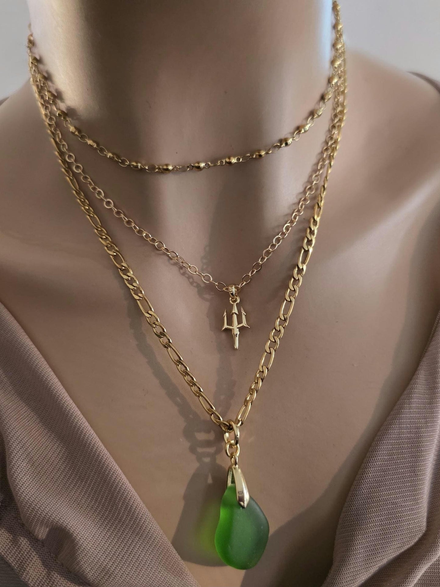 Green Sea Glass and Gold Multi Strand Layered Pendant Necklace Set - Great mom or girlfriend gift, boho ocean lover, beach jewelry