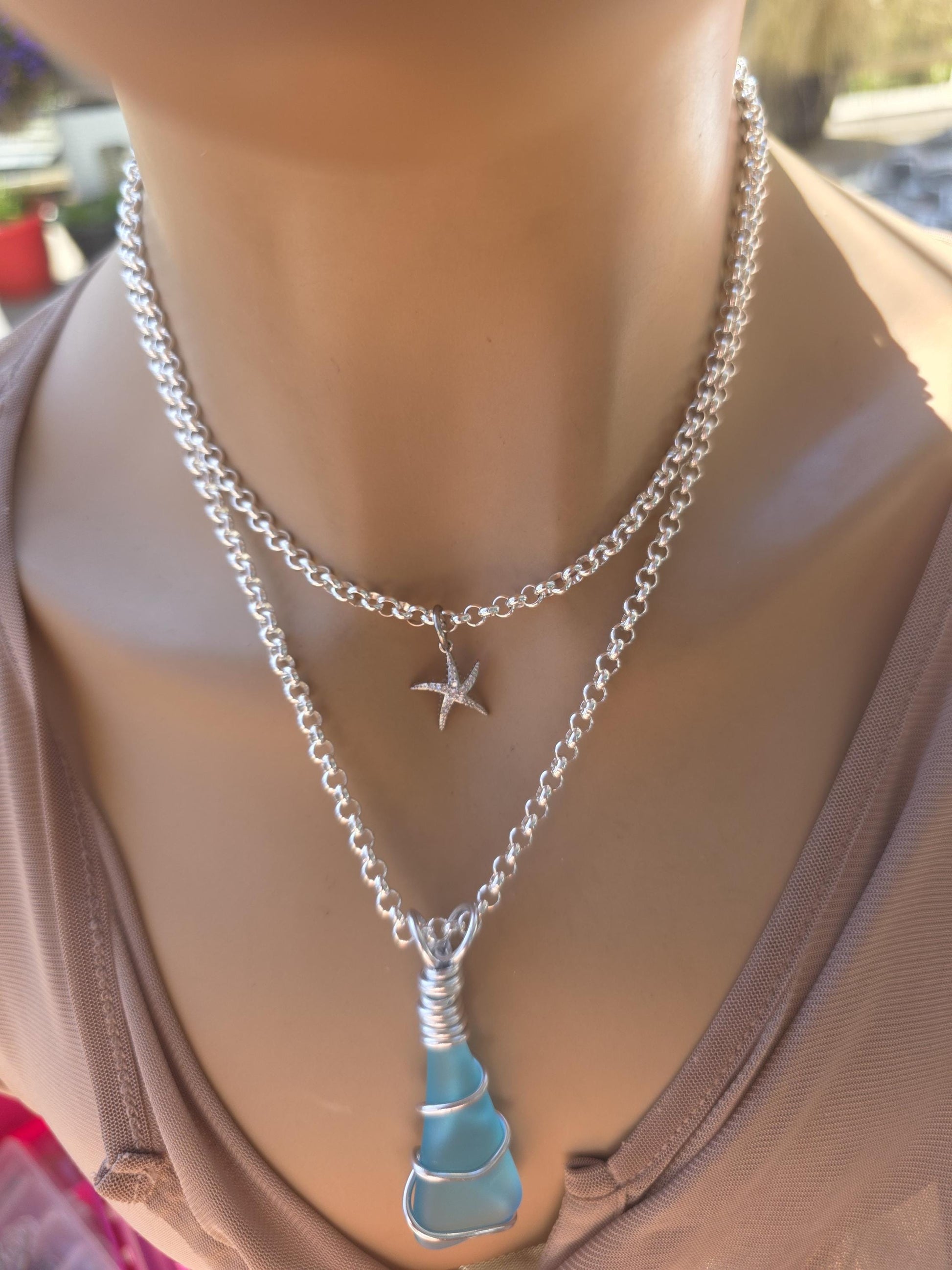 Turquoise Sea Glass Multi Strand Layered Pendant Necklace Set Starfish - Great mom or girlfriend gift, boho ocean lover, beach jewelry