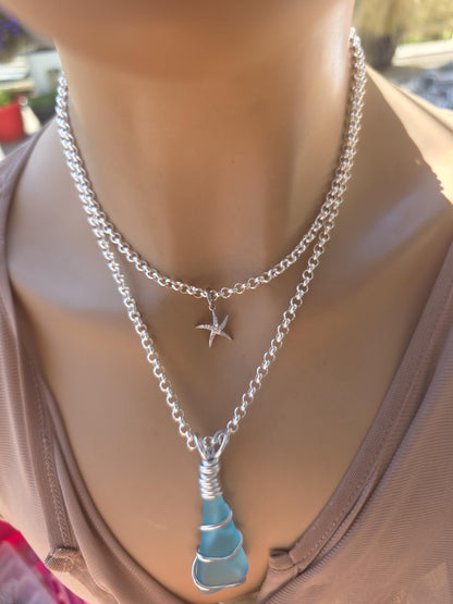 Turquoise Sea Glass Multi Strand Layered Pendant Necklace Set Starfish - Great mom or girlfriend gift, boho ocean lover, beach jewelry