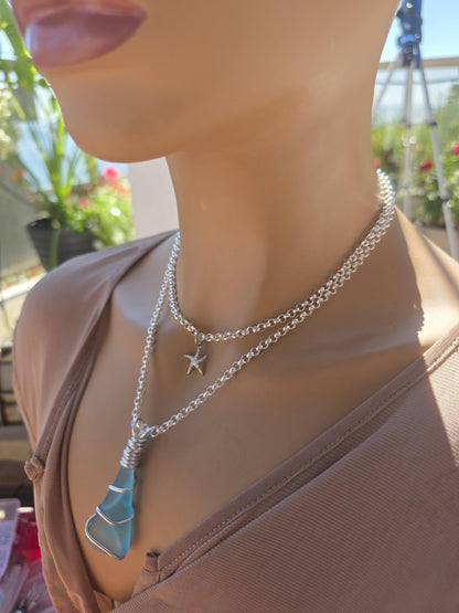 Turquoise Sea Glass Multi Strand Layered Pendant Necklace Set Starfish - Great mom or girlfriend gift, boho ocean lover, beach jewelry