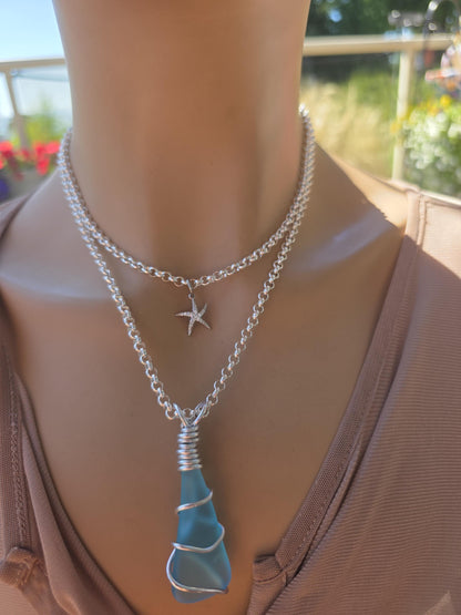 Turquoise Sea Glass Multi Strand Layered Pendant Necklace Set Starfish - Great mom or girlfriend gift, boho ocean lover, beach jewelry