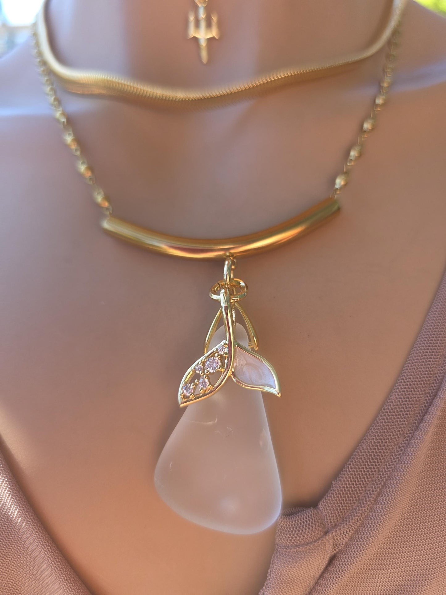 Skadi’s Shoreline – White Sea Glass Necklace, Gold Plated Steel Jewelry, Norse Goddess Pendant, Ocean Tumbled Glass Coastal Layered Necklace