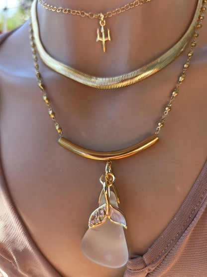 Skadi’s Shoreline – White Sea Glass Necklace, Gold Plated Steel Jewelry, Norse Goddess Pendant, Ocean Tumbled Glass Coastal Layered Necklace