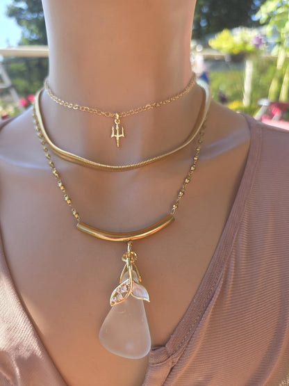 Skadi’s Shoreline – White Sea Glass Necklace, Gold Plated Steel Jewelry, Norse Goddess Pendant, Ocean Tumbled Glass Coastal Layered Necklace