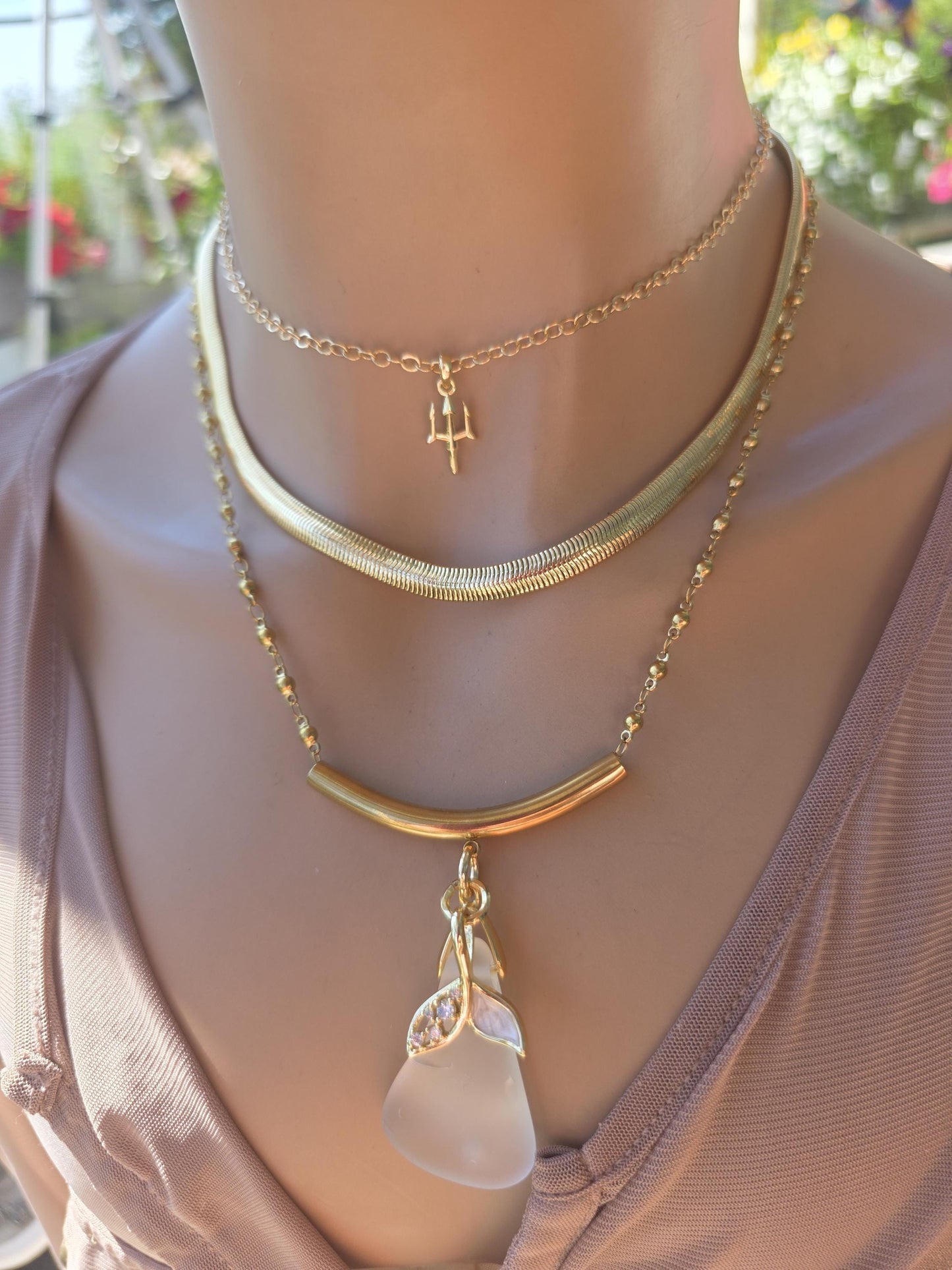 Skadi’s Shoreline – White Sea Glass Necklace, Gold Plated Steel Jewelry, Norse Goddess Pendant, Ocean Tumbled Glass Coastal Layered Necklace