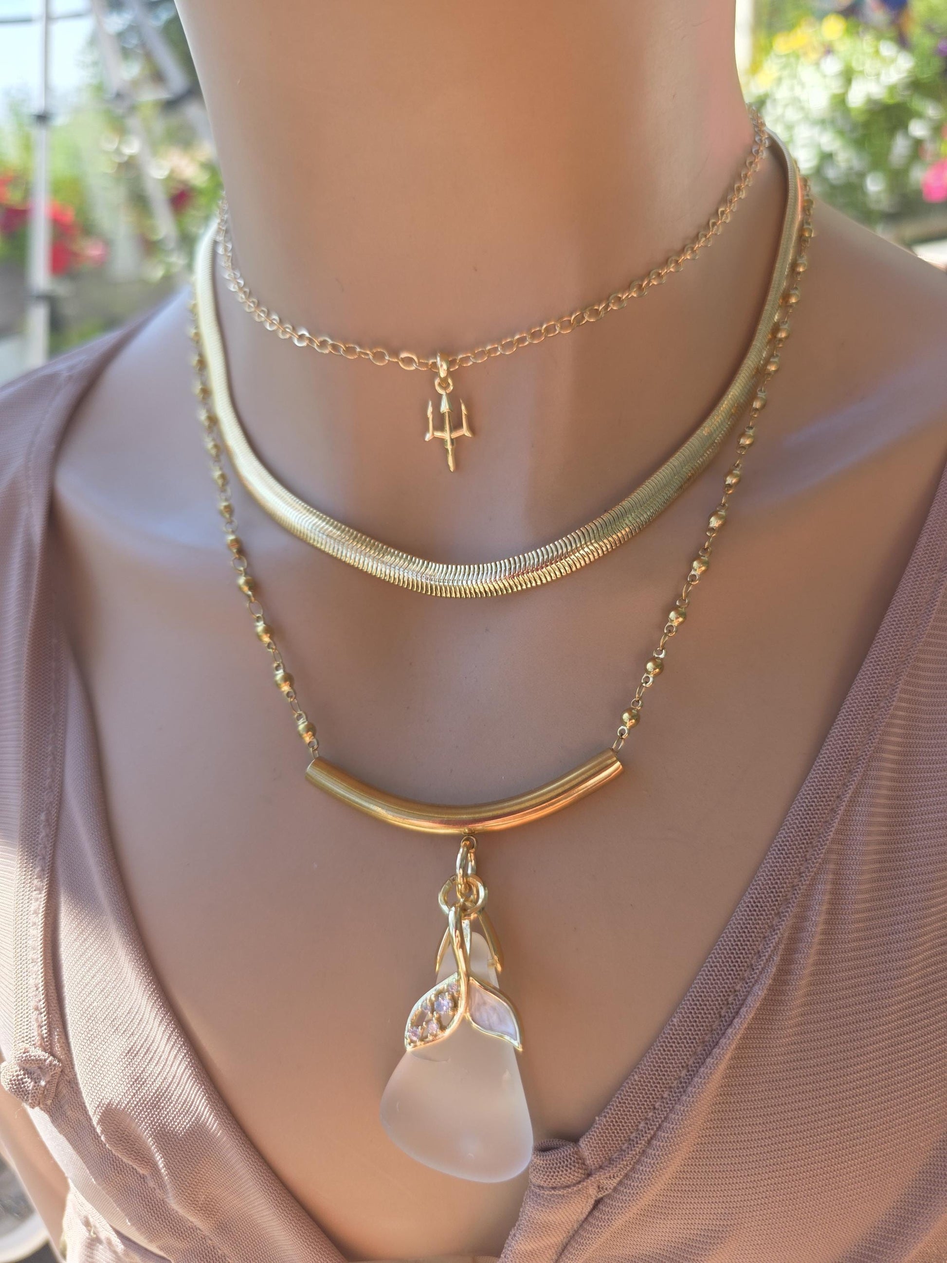 Skadi’s Shoreline – White Sea Glass Necklace, Gold Plated Steel Jewelry, Norse Goddess Pendant, Ocean Tumbled Glass Coastal Layered Necklace