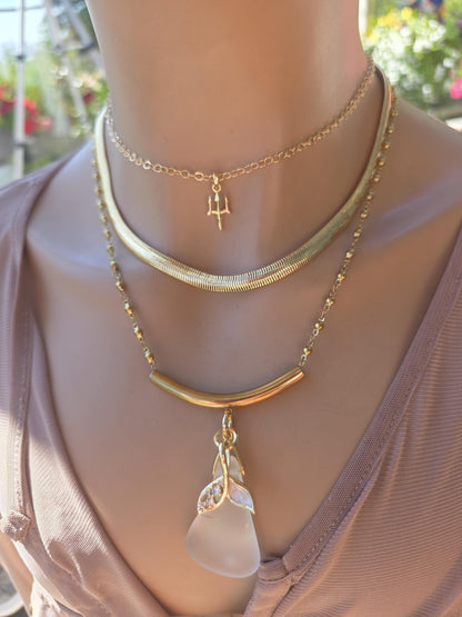 Skadi’s Shoreline – White Sea Glass Necklace, Gold Plated Steel Jewelry, Norse Goddess Pendant, Ocean Tumbled Glass Coastal Layered Necklace