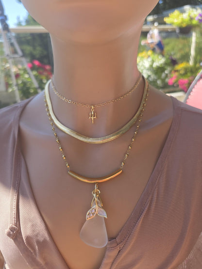 Skadi’s Shoreline – White Sea Glass Necklace, Gold Plated Steel Jewelry, Norse Goddess Pendant, Ocean Tumbled Glass Coastal Layered Necklace