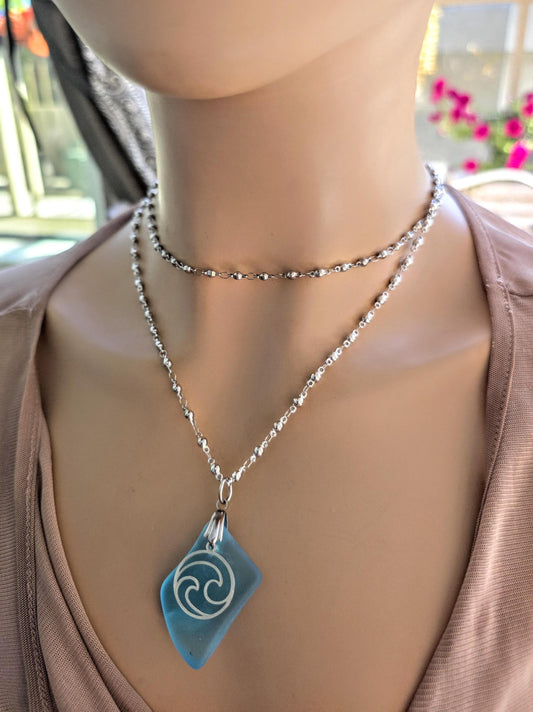 Ocean Wave Sea Glass Necklace - Aqua Blue Surf Tumbled Glass Pendant on Steel Chain, Beach Jewelry, Nautical Gift for Her, Ocean Tumbled