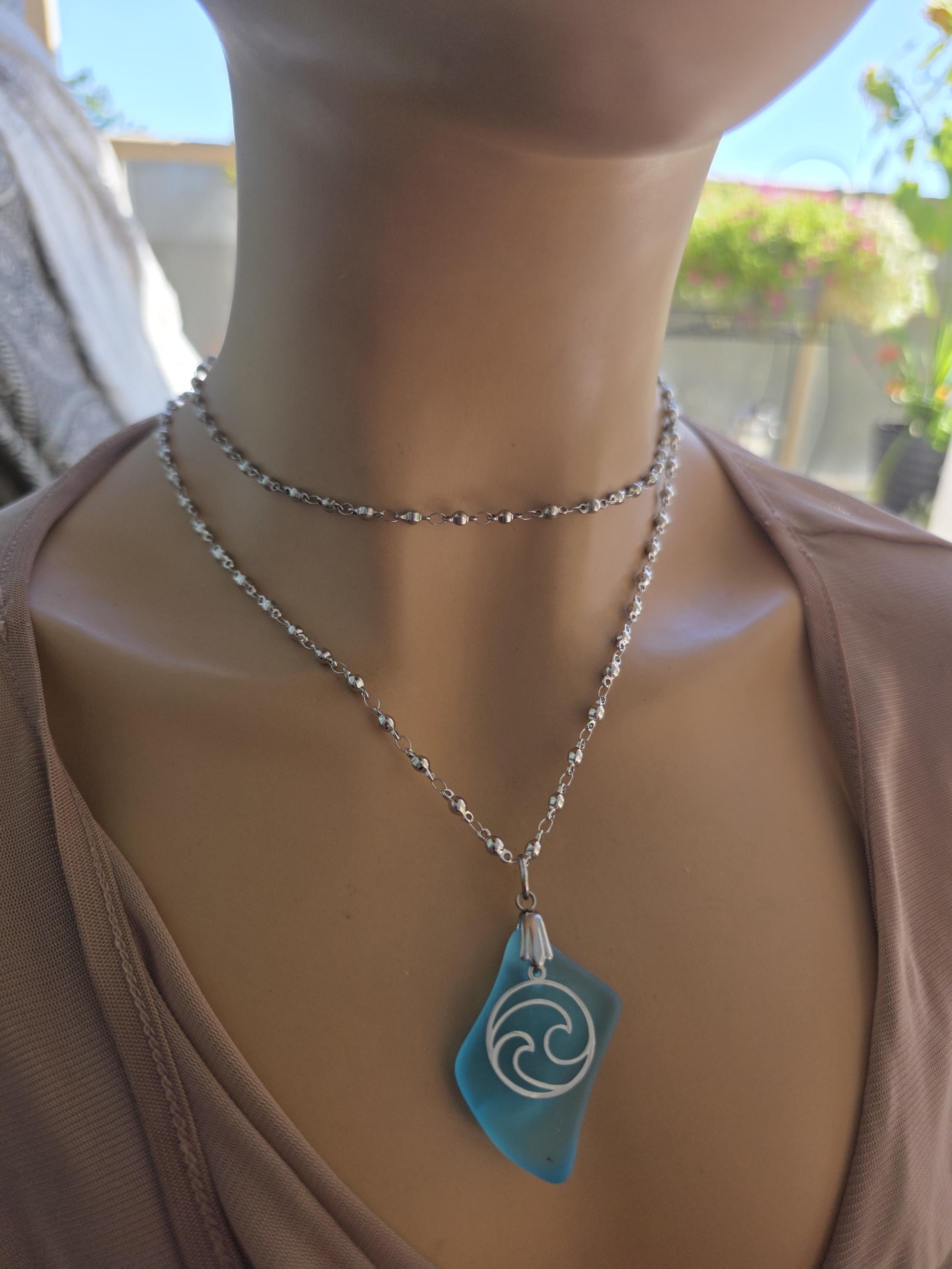 Ocean Wave Sea Glass Necklace - Aqua Blue Surf Tumbled Glass Pendant on Steel Chain, Beach Jewelry, Nautical Gift for Her, Ocean Tumbled