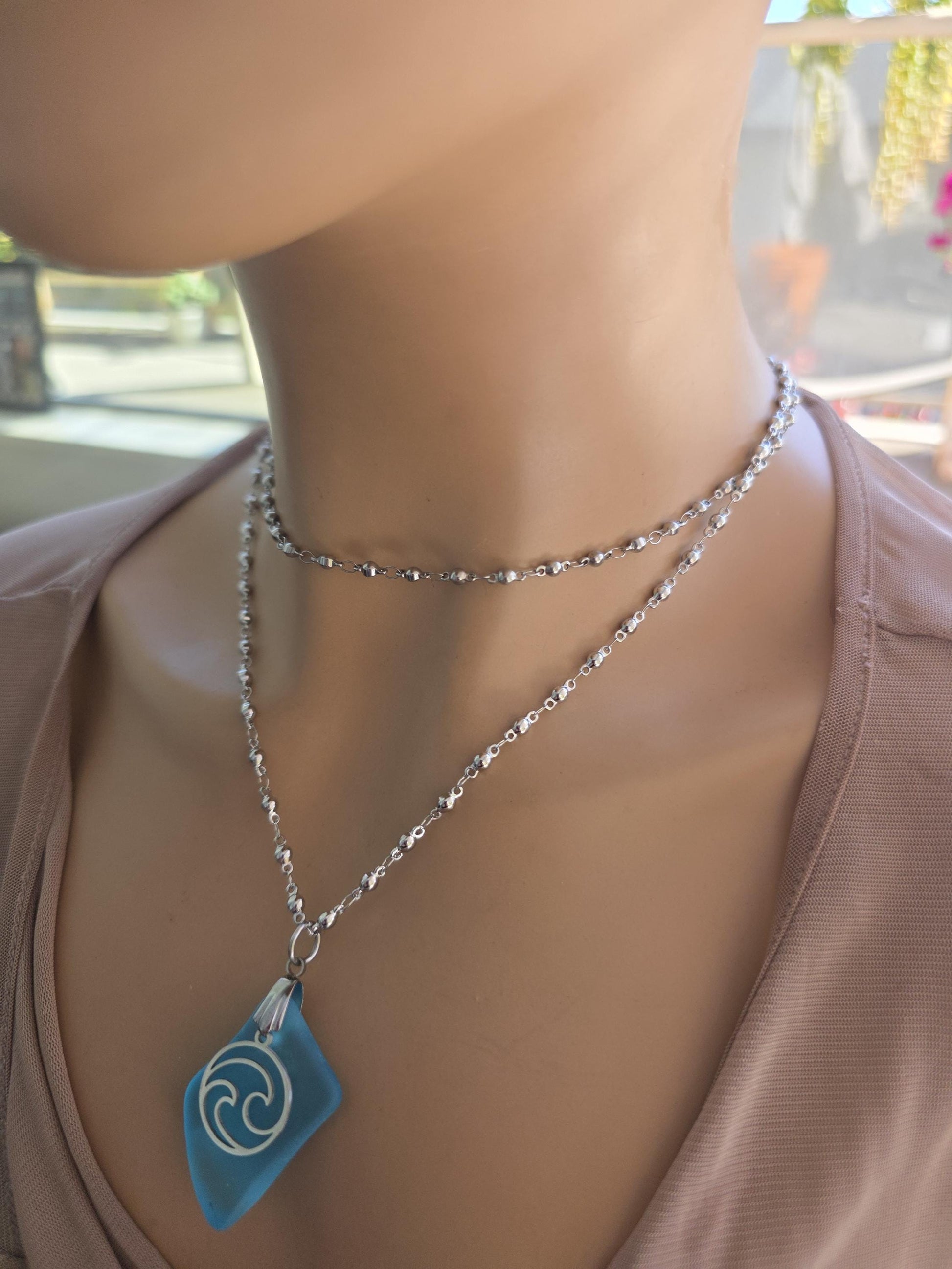 Ocean Wave Sea Glass Necklace - Aqua Blue Surf Tumbled Glass Pendant on Steel Chain, Beach Jewelry, Nautical Gift for Her, Ocean Tumbled