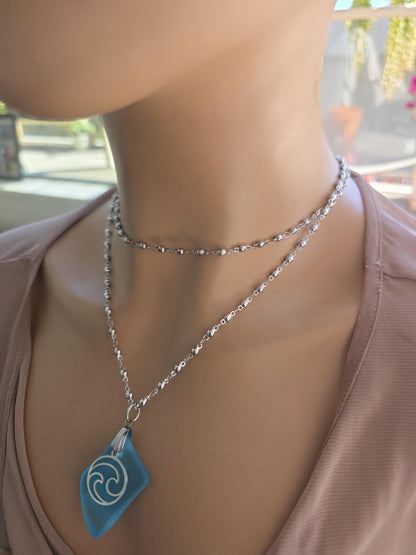 Ocean Wave Sea Glass Necklace - Aqua Blue Surf Tumbled Glass Pendant on Steel Chain, Beach Jewelry, Nautical Gift for Her, Ocean Tumbled