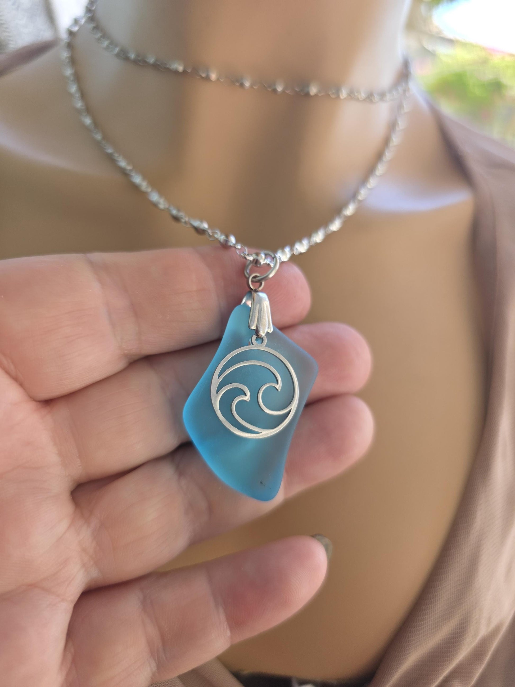 Ocean Wave Sea Glass Necklace - Aqua Blue Surf Tumbled Glass Pendant on Steel Chain, Beach Jewelry, Nautical Gift for Her, Ocean Tumbled